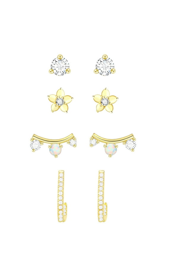 Women's Simulated Diamond Earring Set with J Hoop in 14KT Gold Plated Sterling Silver