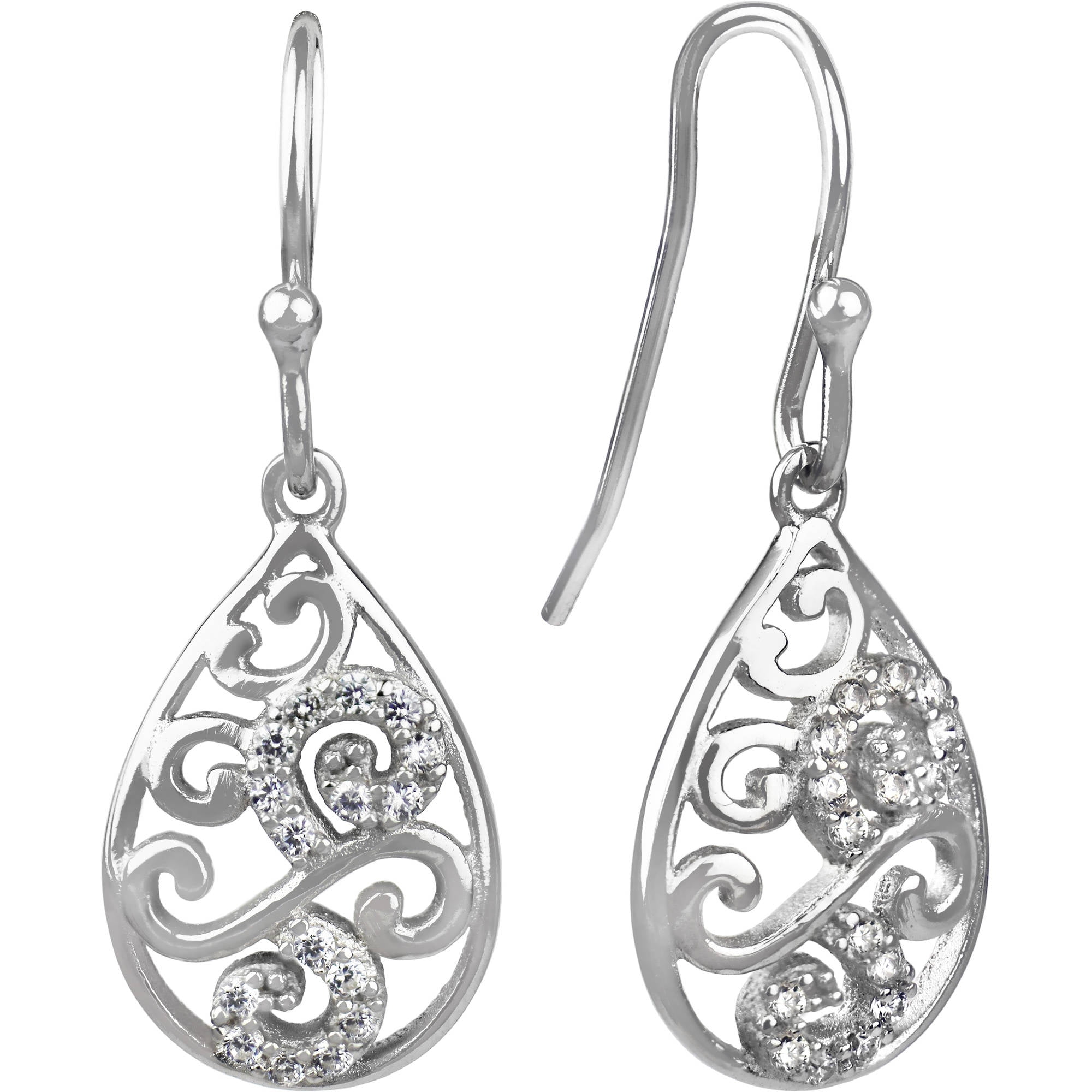 Brilliance Fine Jewelry Women's Simulated Diamond Filigree Teardrop Earrings in Sterling Silver