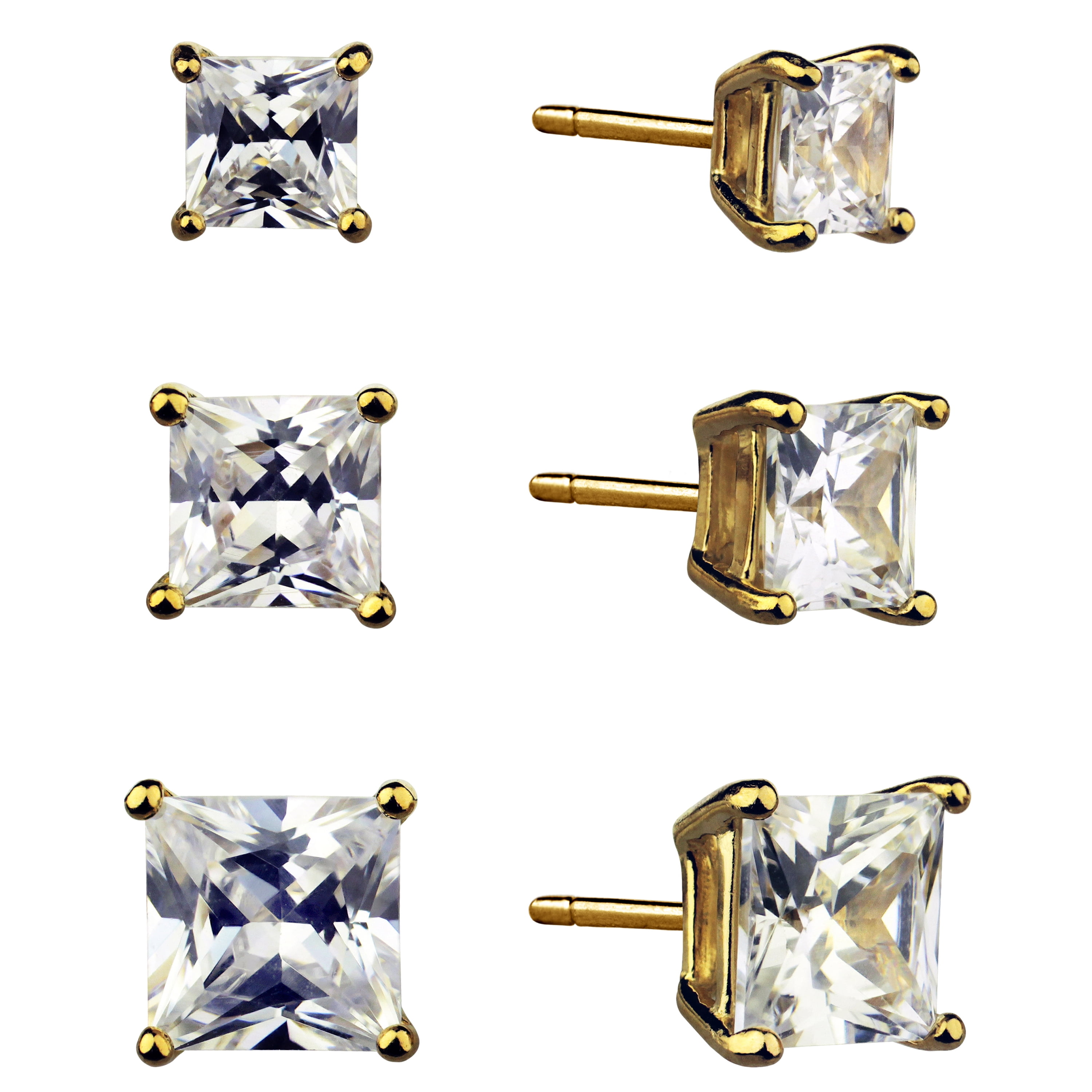 Brilliance Fine Jewelry Women's Simulated Diamond Trio Square Earring Set in Gold Flash Plated Sterling Silver