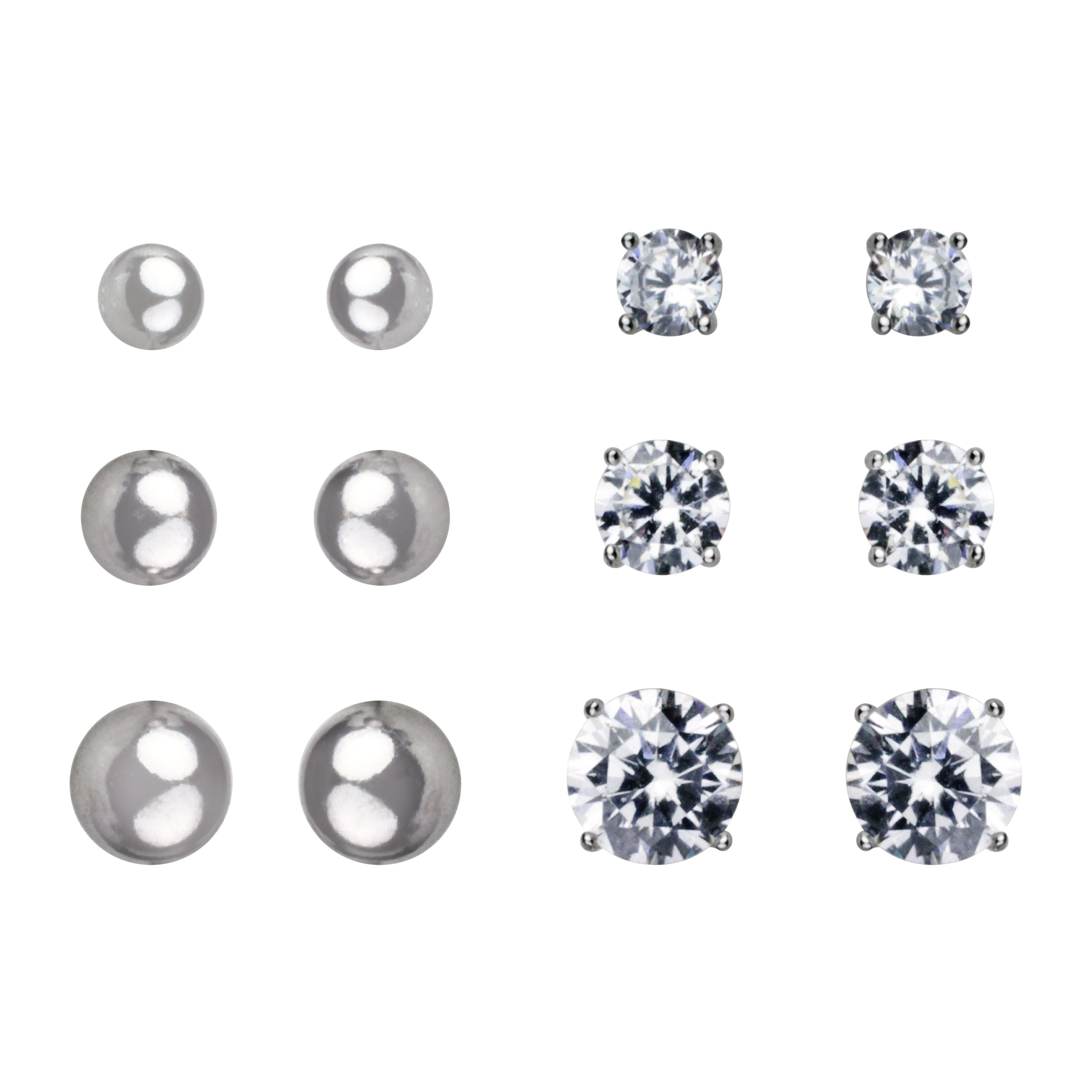 Brilliance Fine Jewelry Women's Simulated Diamond and Ball Stud 6 Pair Earrings in Sterling Silver