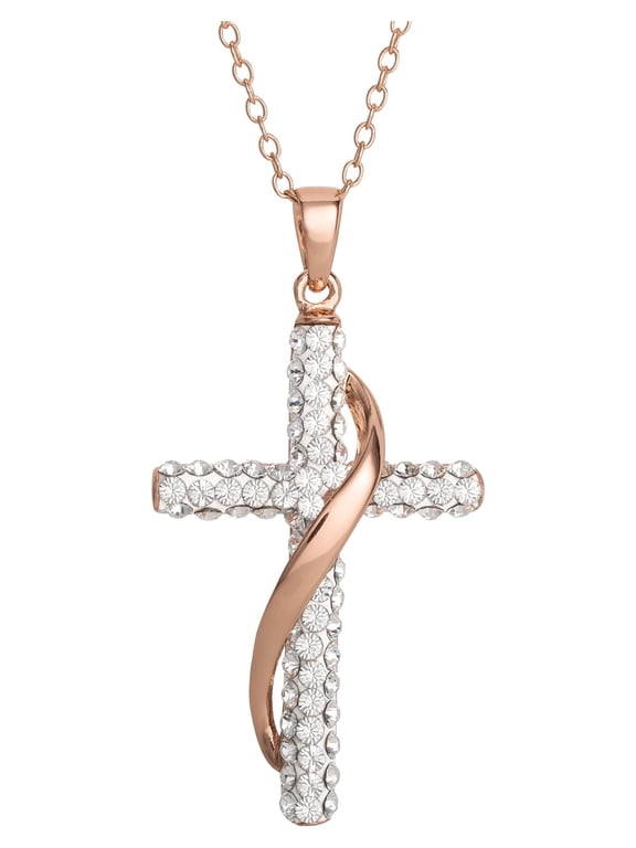 Women's Sterling Silver 14KT Gold Plated Crystal Cross Pendant Necklace, 18" chain
