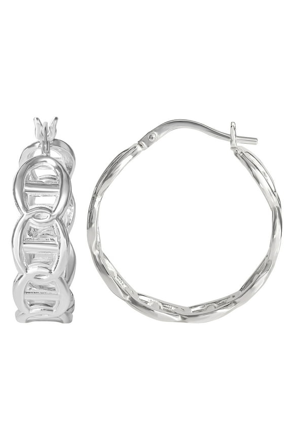 Womens Sterling Silver Mariner Chain Hoop Earrings