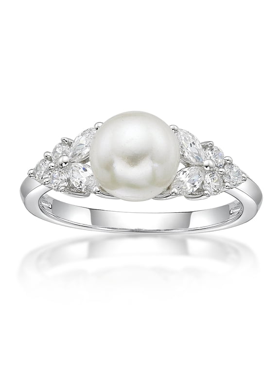 Women's Sterling Silver and Freshwater Pearl with white Cubic Zirconia Ring