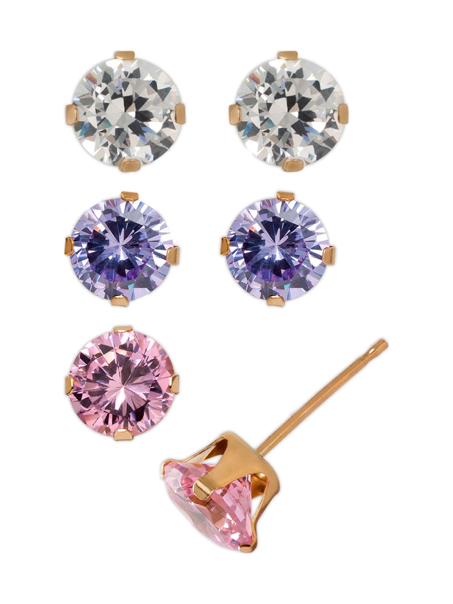 Brilliance Fine Women's 10kt Yellow Gold Multi-Color CZ Stud Earrings Set, 3 Pairs