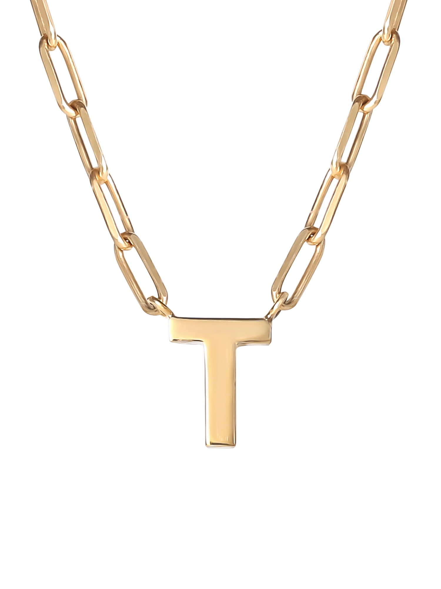 Brilliance Women's Sterling Silver 14K Gold Plated 'T' Initial Paperclip Necklace, 18 inch Chain