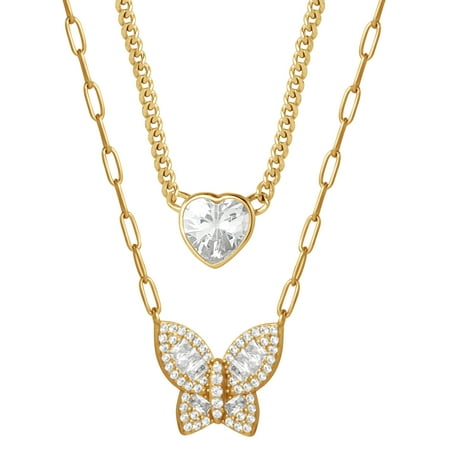 Brilliance Fine Women's Cubic Zirconia Yellow Gold Plated Sterling Silver Heart and Butterfly Necklace Set, 18"