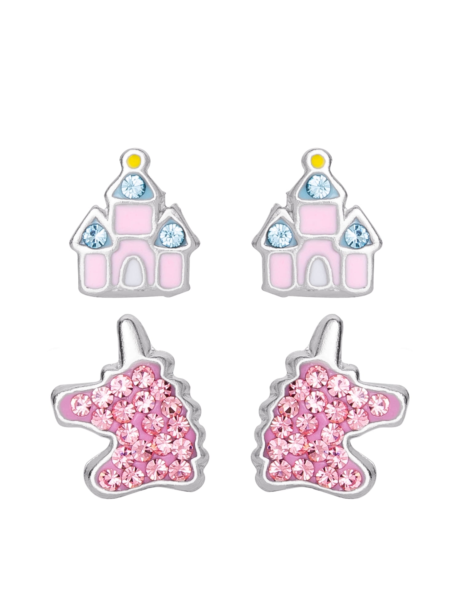 Brilliance Fine- Women's Enchanted Unicorn & Castle Sterling Silver Earring Set