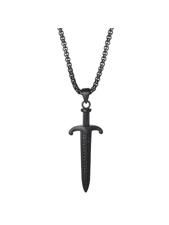 Brilliance Fine Women's Jewelry Stainless Steel IP Black Plated Simulated Diamond Dagger Pendant Necklace, 22" Chain