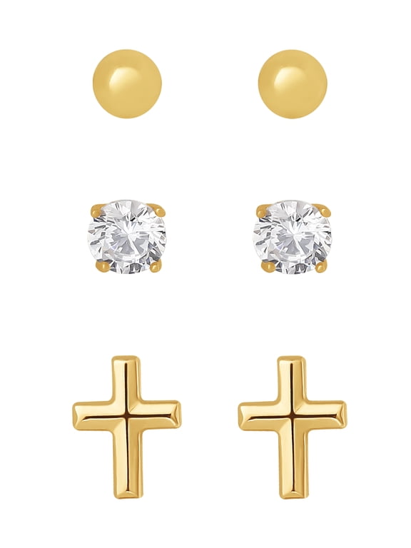 Brilliance Women’s Sterling Silver Gold-Plated Ball & Cross Earrings with Cubic Zirconia