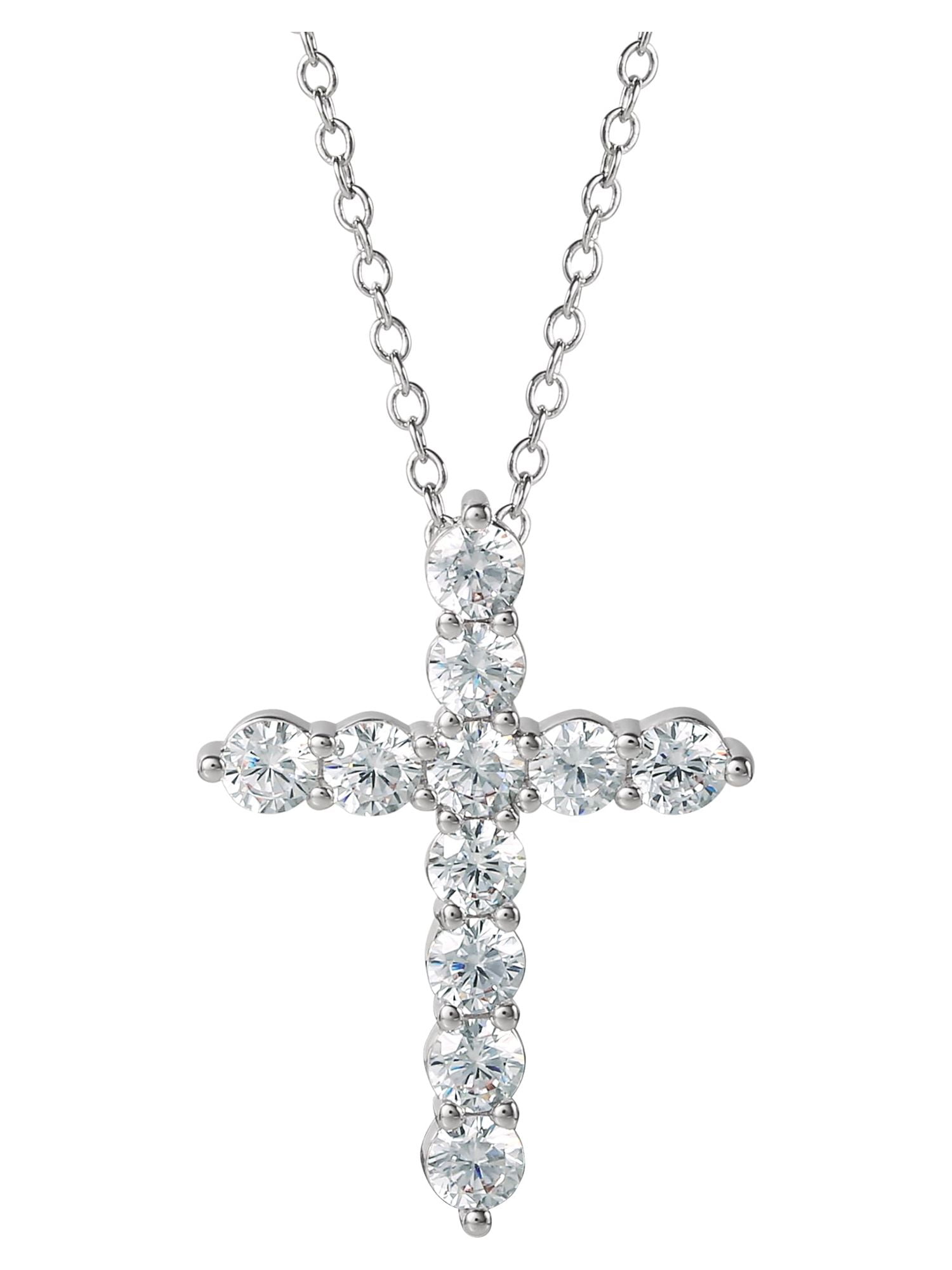 Silver Plated Cross Necklace With Cubic Zirconia – Lab-Created Stone, Elegant Pendant For Women & Men