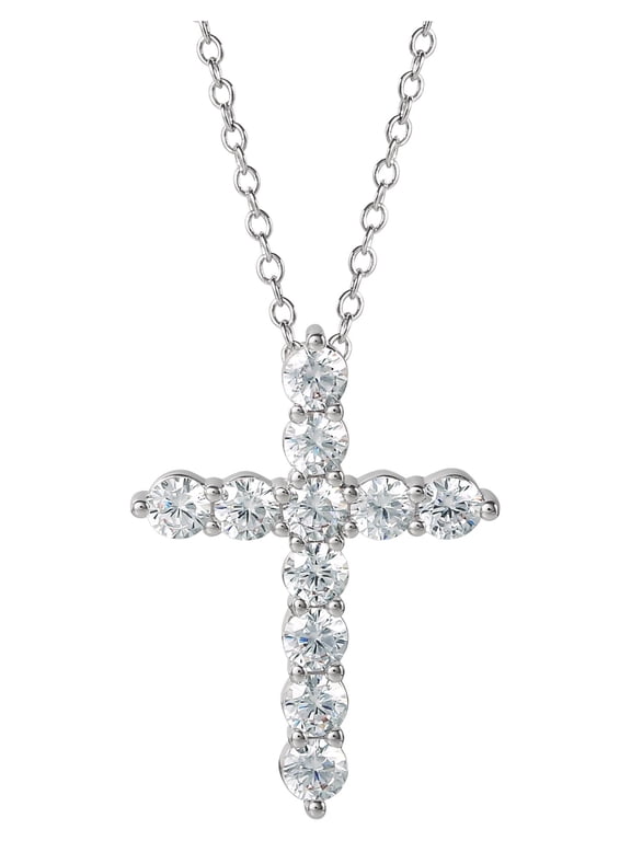 Brilliance Fine- Women's Silver Plated Brass Cubic Zirconia Cross Pendant, 18" + 2" Ext Chain