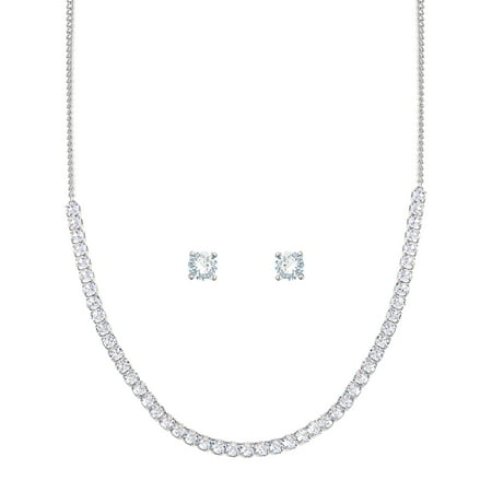 Brilliance Fine Women's Silver Plated Brass Cubic Zirconia Tennis Necklace and Earring Set