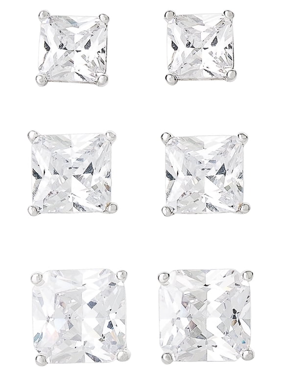 Brilliance-Fine Women's Silver Plated Cubic Zirconia Square 3-Piece Earring Set
