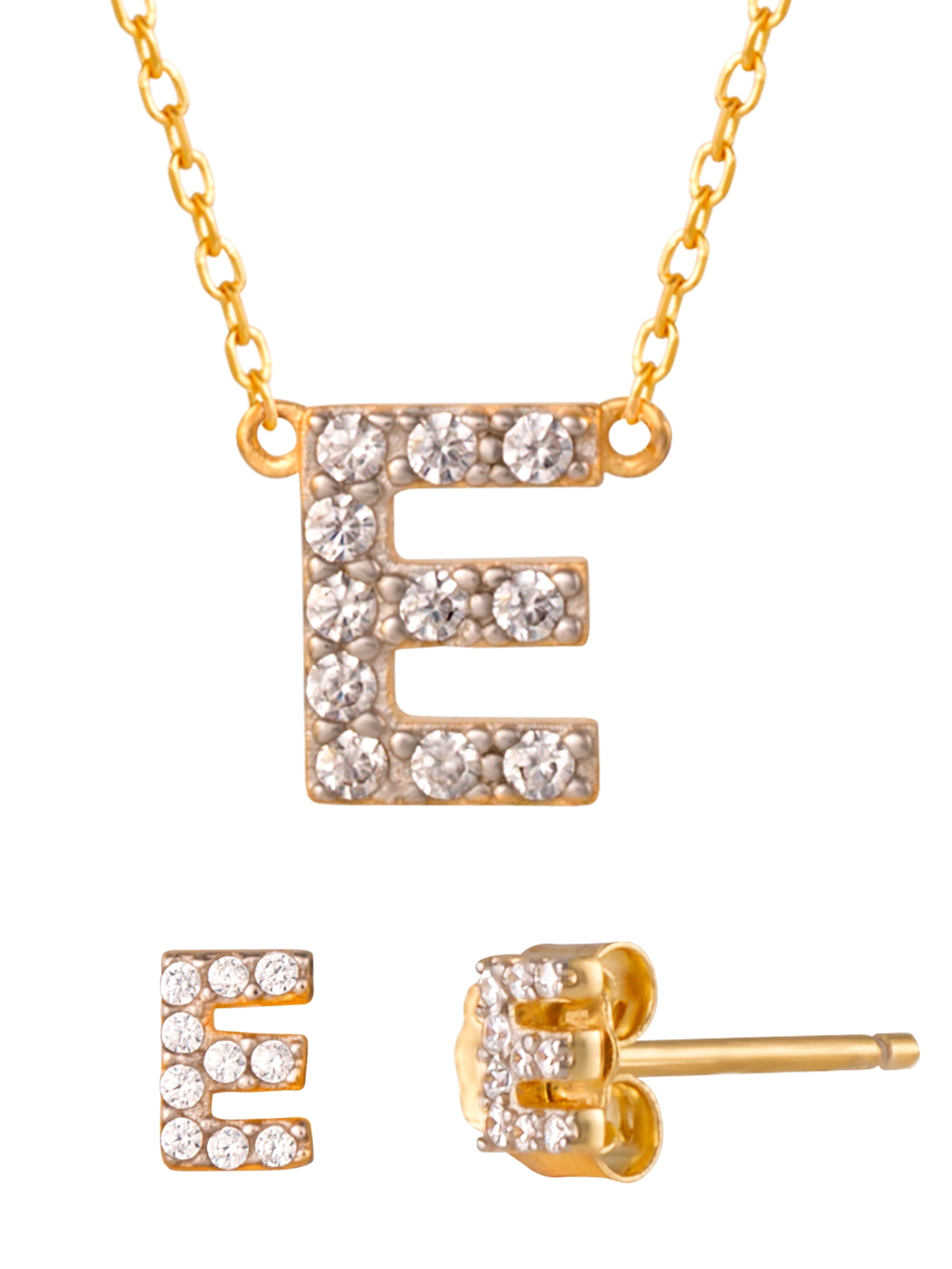 Brilliance Fine Women’s Sterling Silver 14kt Gold Plated Cubic Zirconia Initial E Pendant Set