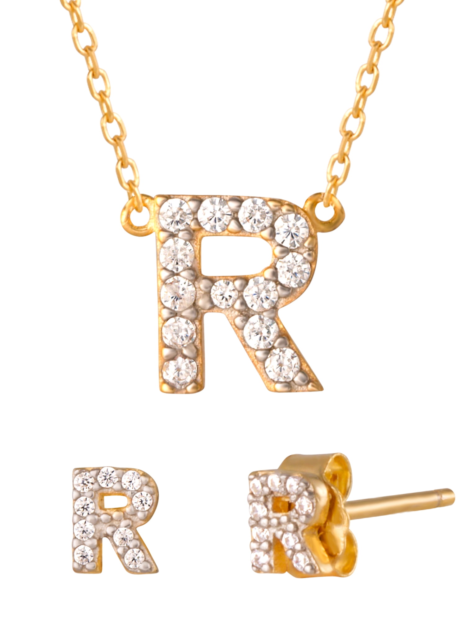 Brilliance Fine Women's Sterling Silver & 14kt Gold Plated Initial R Pendant and Earring Set