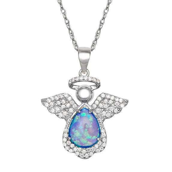 Brilliance Fine Women's Sterling Silver Cubic Zirconia and Created Opal Angel Pendant, 18" Chain