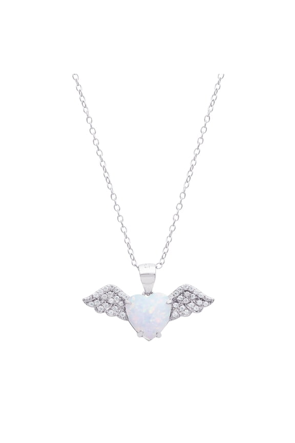 Brilliance Fine Women's Sterling Silver Cubic Zirconia and Created Opal Angel Wing Pendant, 18" Chain