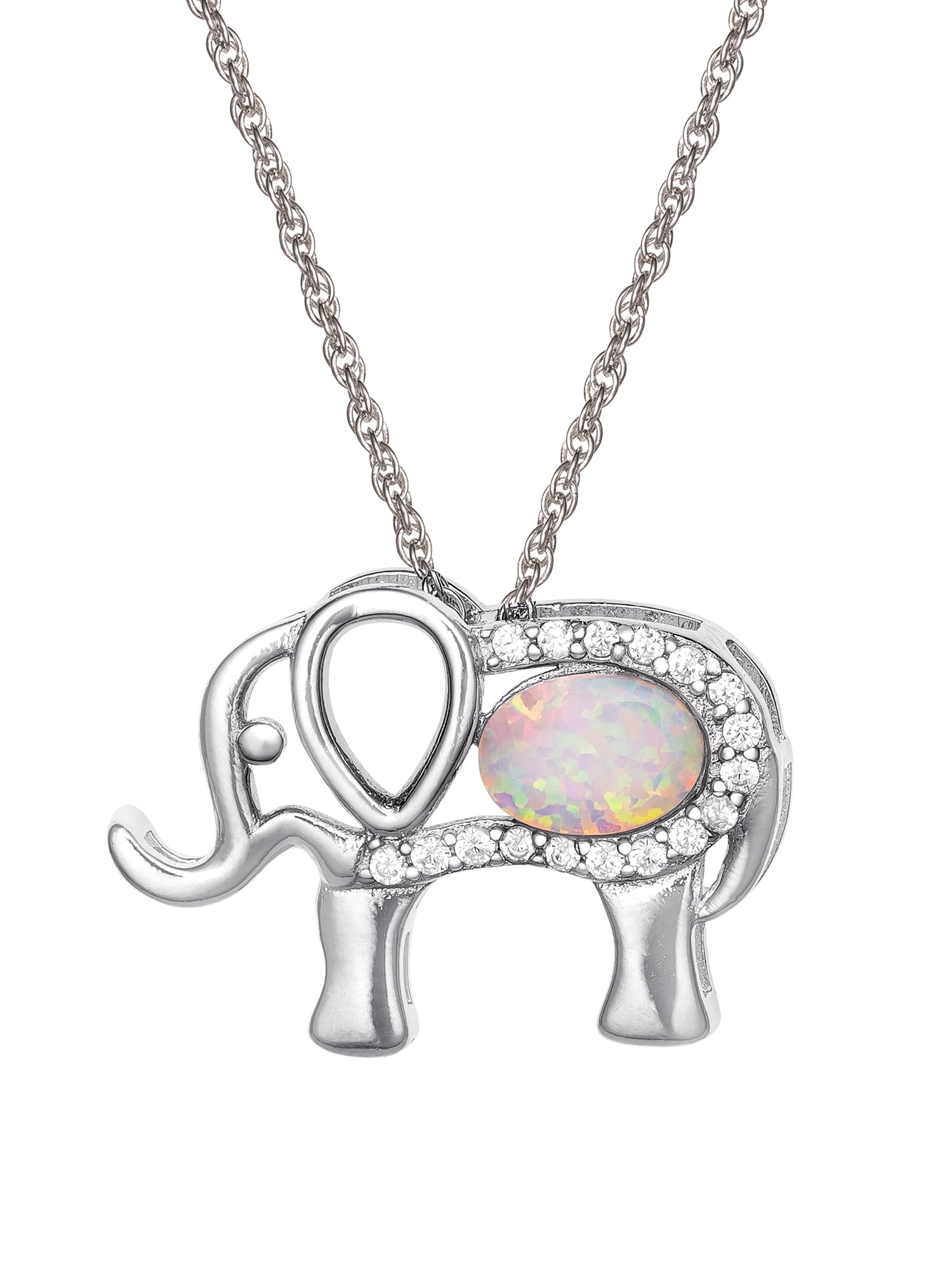 Brilliance Fine Women's Sterling Silver Cubic Zirconia and Created Opal Elephant Pendant, 18" Chain