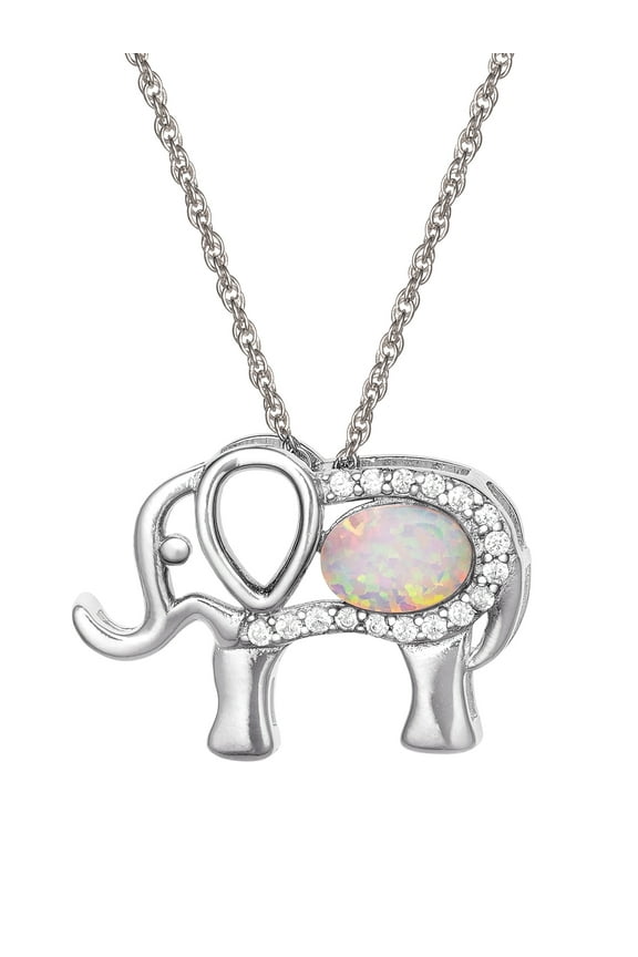 Fine Women's Sterling Silver Cubic Zirconia and Created Opal Elephant Pendant, 18" Chain