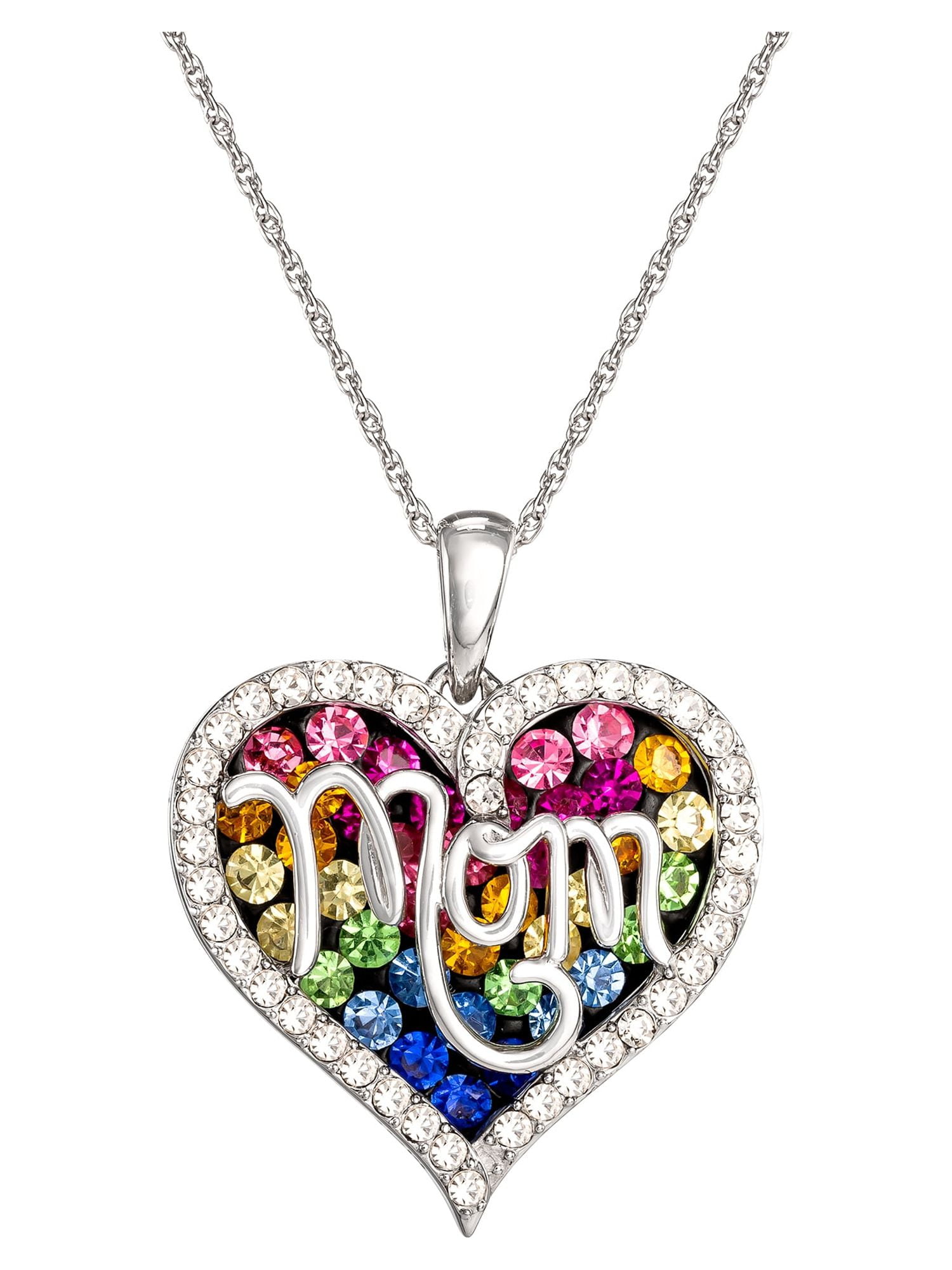 Brilliance Fine Women's Sterling Silver Multi-Color Crystal Mom Heart Pendant Necklace, 18" chain