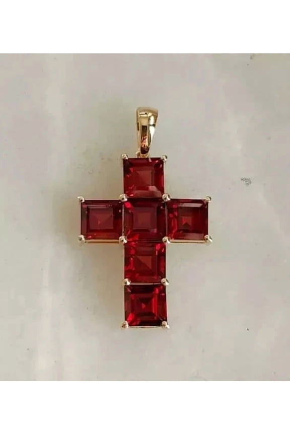 3.5CT Princess Cut Garnet Lab-Created Women's Cross Pendant Necklace 14K Yellow Gold Plated
