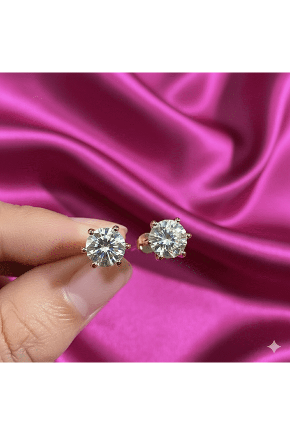 4-Prong Diamond Round Shaped Minimalist Stud Earrings for Women in 14K Yellow Gold Plating Over Silver