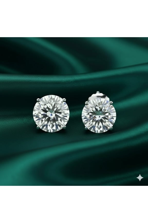 4 Prong Diamond Round Shaped Screw Back Stud Earrings For Women In 14K Gold Plating Over Silver