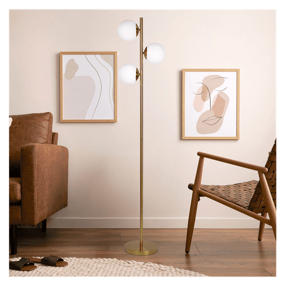 Brilliance Modern Brush Floor Lamp, Opal Glass Shades and Round Metal Base Clear,Gold + brass,Glass
