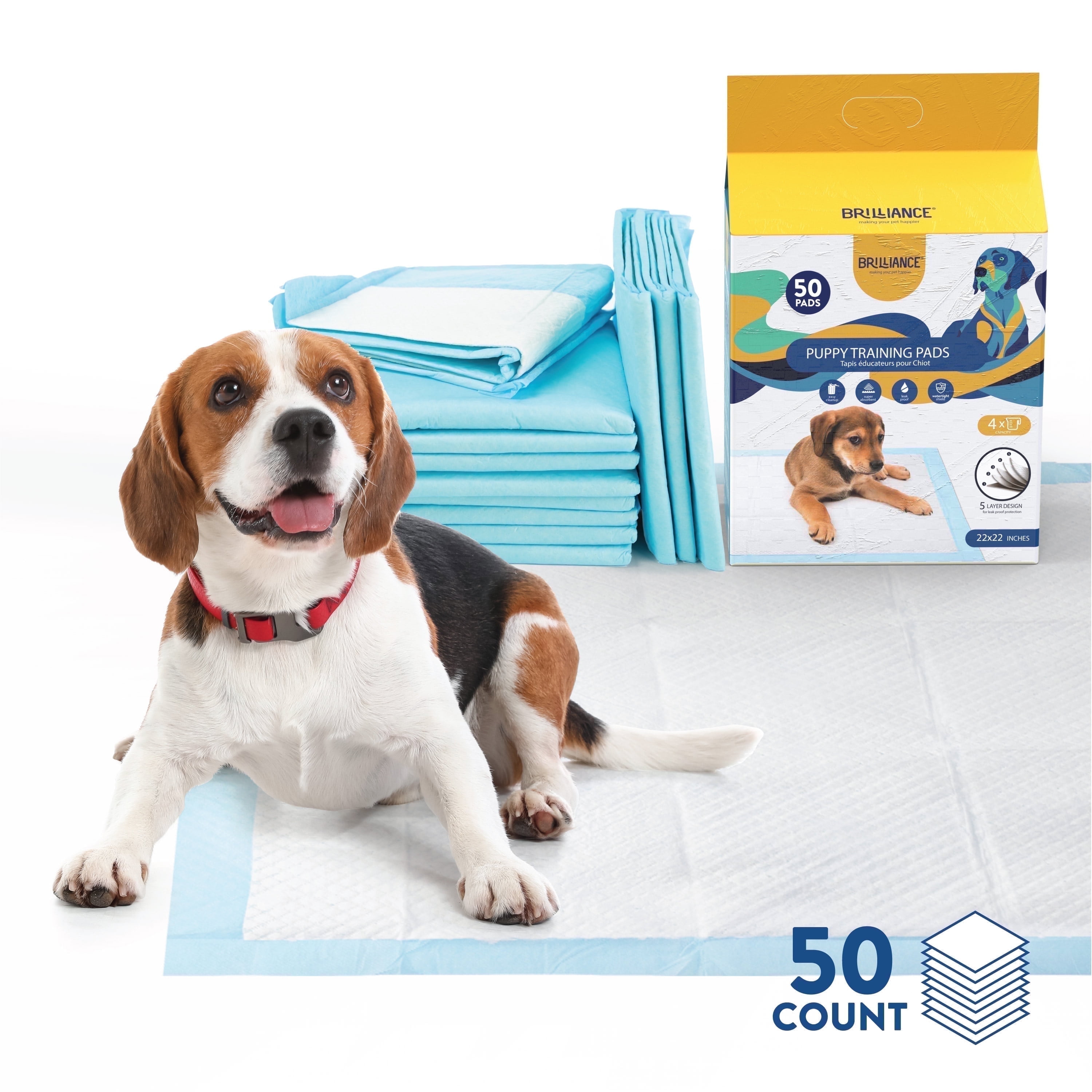 Brilliance Puppy Training Pads, 50 Count Leak-Proof Disposable, 22" x 22"
