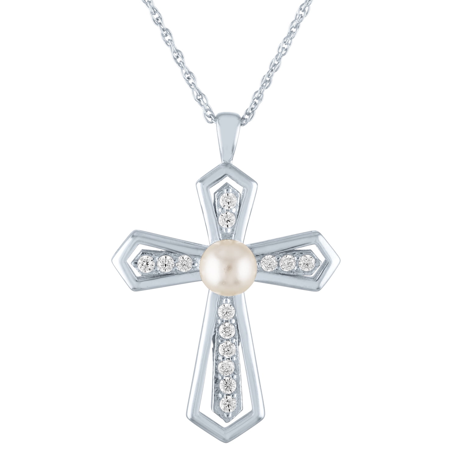 Brilliance Simulated Pearl and CZ Sterling Silver Cross Pendant, 18"