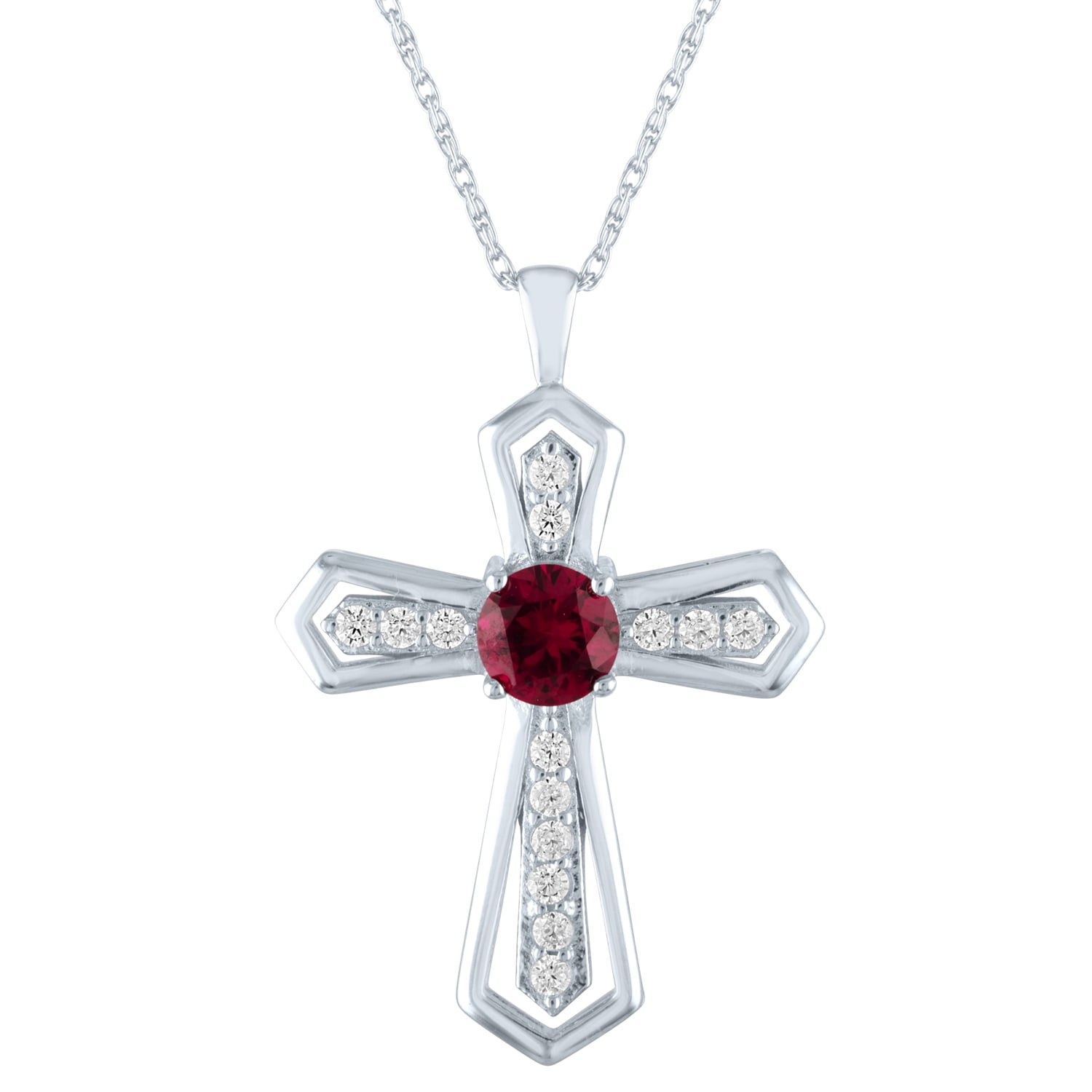 Brilliance Simulated Ruby and CZ Sterling Silver Cross Pendant, 18"