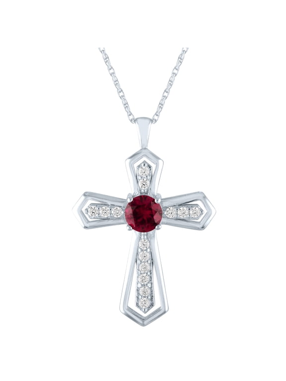 Brilliance Simulated Ruby and CZ Sterling Silver Cross Pendant, 18"