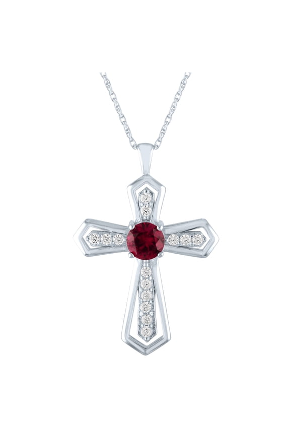 Brilliance Simulated Ruby and CZ Sterling Silver Cross Pendant, 18"