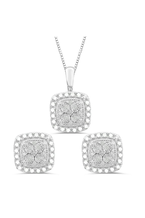 Sterling Silver 1/10 CTTW Natural Diamond Cushion Earring Pendant Box Set