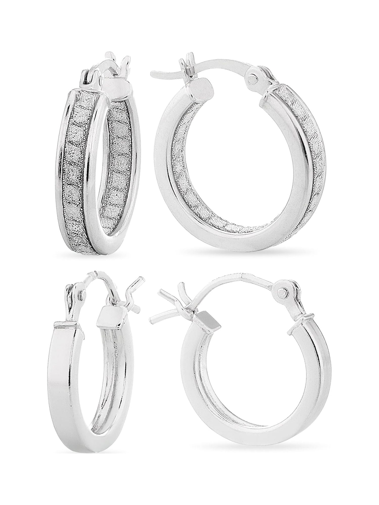Brilliance Sterling Silver Polished with Glitter Hoop Earring Set