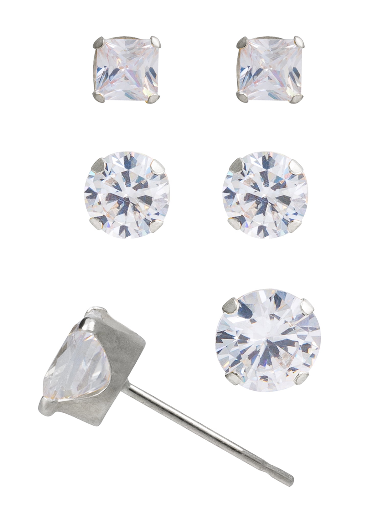 Brilliance Women's 4mm Round & Square Cubic Zirconia 10kt Gold Stud Earring Set - 2 Pairs