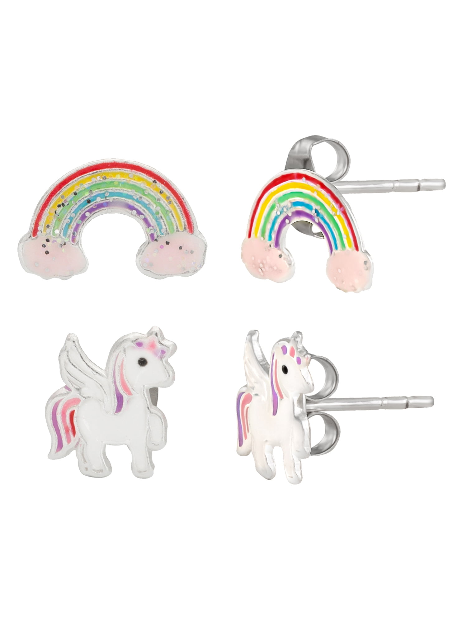 BRILLIANCE FINE JEWELRY Brilliance Women's Fine Jewelry Girls Sterling Silver Rainbow and Unicorn Stud Earring Set