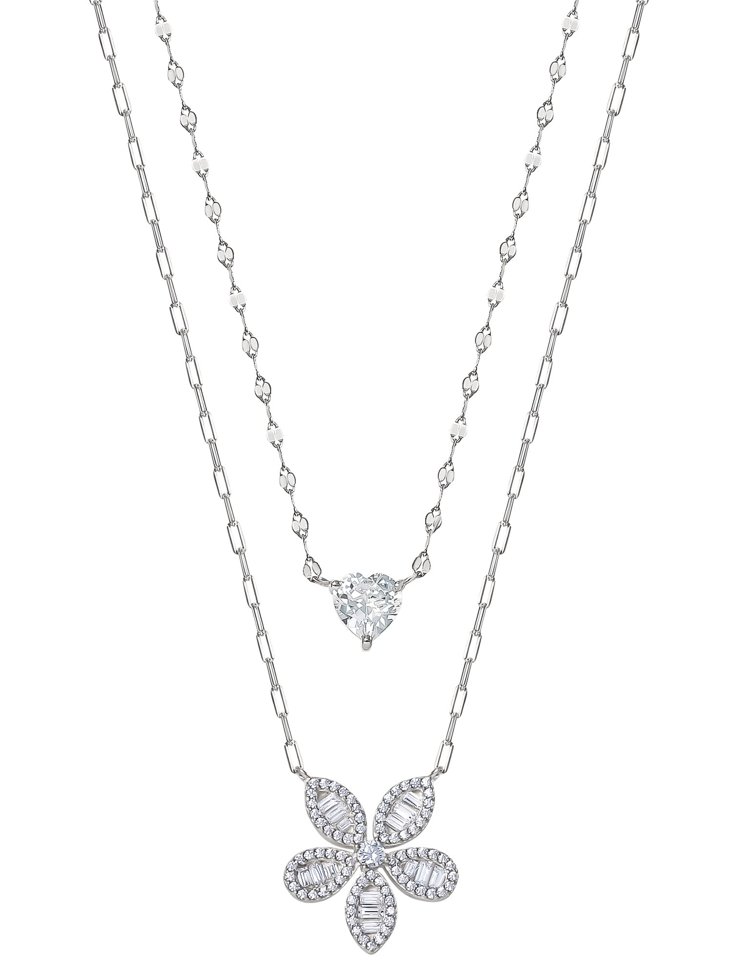 Brilliance Women's Jewelry Sterling Silver CZ Flower and Heart Necklace Set