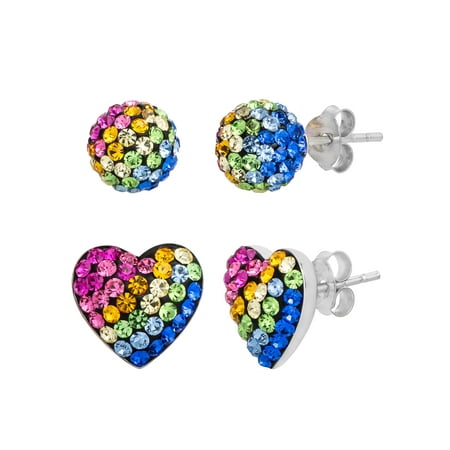 Brilliance Women's Sterling Silver Rainbow Crystal Ball and Heart Stud Set