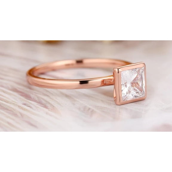 Brilliant 1.50 CT Princess Cut Bezel Set Plated Rose Gold Solitaire Moissanite Engagement Ring Anniversary Gift Proposal Ring