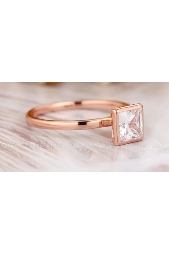 Brilliant 1.50 CT Princess Cut Bezel Set Plated Rose Gold Solitaire Moissanite Engagement Ring Anniversary Gift Proposal Ring