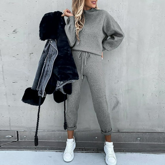 Brilliant 2 Piece Outfit for Women Casual Solid Color Two Piece Long Pants Hooded Pullover Long Sleeve Sweatshirts Sets-Gray,M Clothes under $5.00