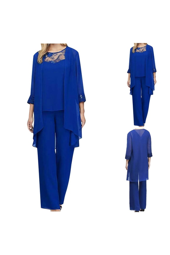 Brilliant 2 Piece Outfit for Women Fall Matching Set Women Business Women's Color Long Sleeved Round Neck Loose Lace Chiffon Pants Cape Three Piece Set including Cardigan Blue L