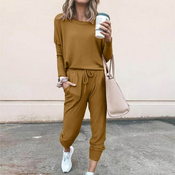 Brilliant 2 Piece Outfit for Women Fashion Color Spring Outfits Hooded Wear Lounge Wear Suit Sport Set Tops+Pants-Yellow,L Clothes under $5.00