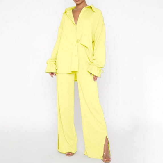 Brilliant 2 Piece Outfit for Women Womens Fall Clothing New Arrivals Women's Long-Sleeved Loose Pleated Wide-Leg Pants Two-Piece Casual Suit Yellow XL