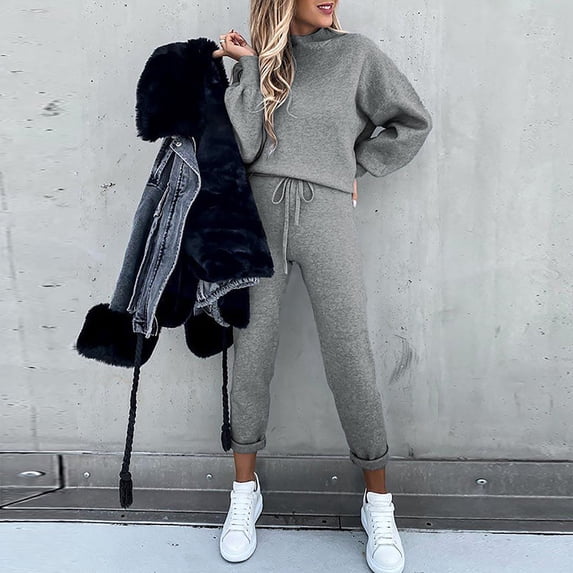 Brilliant 2 Piece Outfit for Women Womens Pants Plus Size Women Casual Solid Color Two Piece Long Pants Hooded Pullover Long Sleeve Sweatshirts Sets Gray S