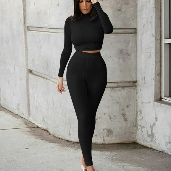 Brilliant 2 Piece Outfit for Women Casual Color Long-Sleeve Round-Collar Tops High Waist Pants Sports Suits-Black,XXL Clearance Clothes under $5.00