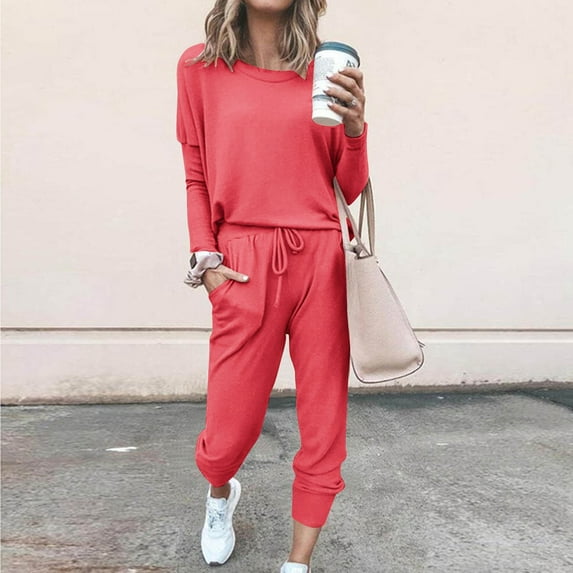 Brilliant 2 Piece Outfit for Women Fashion Color Spring Outfits Hooded Wear Lounge Wear Suit Sport Set Tops+Pants-Pink,S