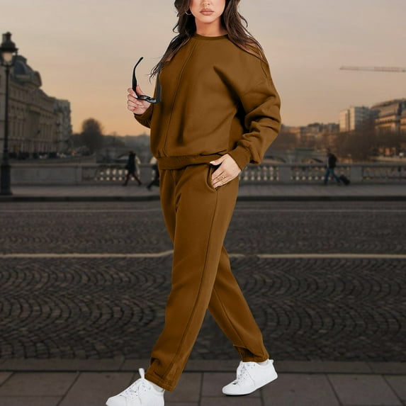 Brilliant 2 Piece Outfit for Women Long Sleeve Crew Neck Pullover Tracksuit Pants Tracksuit Casual Suit-Brown,S Clearance Clothes under $5.00