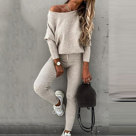 Brilliant 2 Piece Outfit for Women Pants Matching Set Womens Sweatpants Women's Fashion Suit Long Sleeve Color Round Neck Sweatsuit Beige L